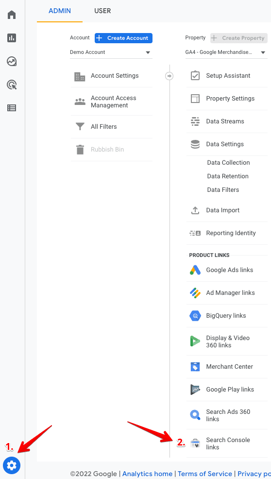 GA4 Admin settings showing where to find Search Console to link with Google Search Console