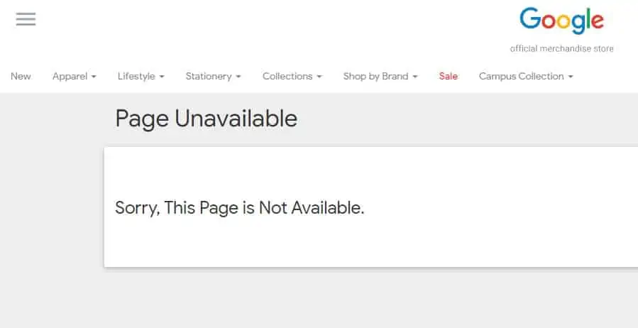 Google Merchandise Store page unavailable