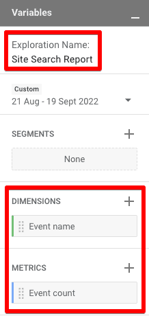 Keeping Event name in dimensions and Event count in metrics in the Variables section of the free form report under Explore