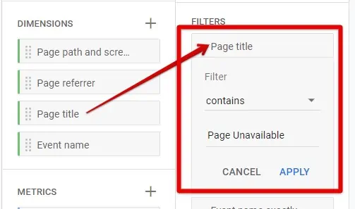 Page title dimension and filter configuration