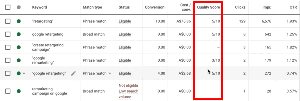 Quality score column in Google Ads