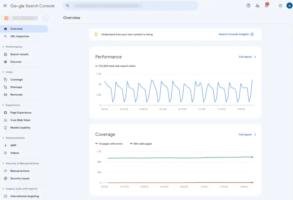 Reports in the Overview in Google Search Console