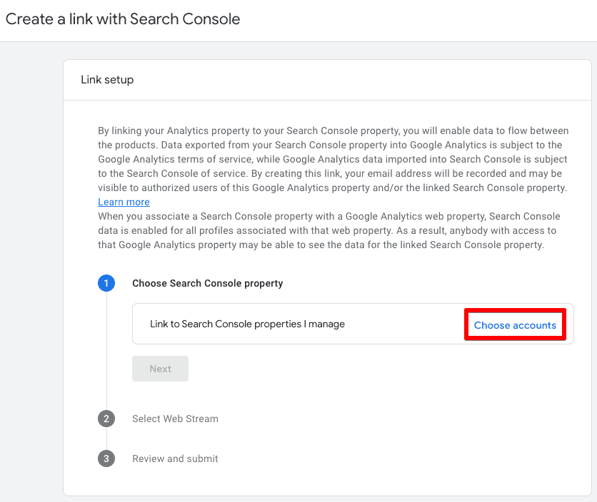 Search Console links setup interface after clicking on the Link button to Choose accounts to connect with GA4