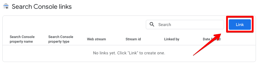 Search Console links setup interface with the Link button under GA4 Admin settings