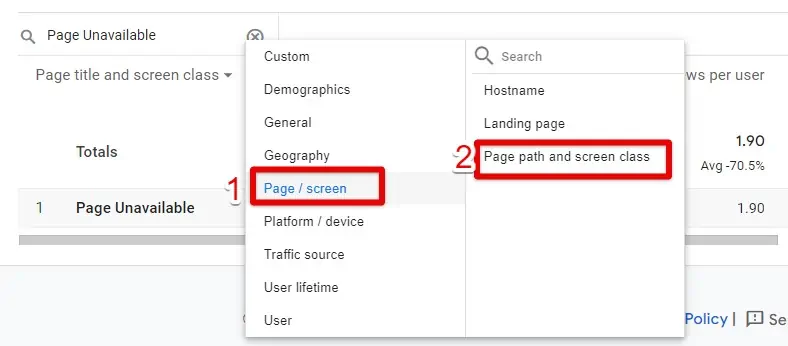 Selecting page path and screen class secondary dimension