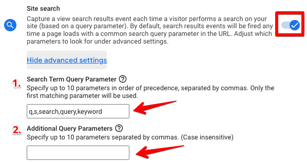 Site search toggled on and advanced settings showing Search Term Query Parameter and Additional Query Parameter fields under Enhanced measurement settings