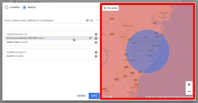 Targeted and excluded locations map