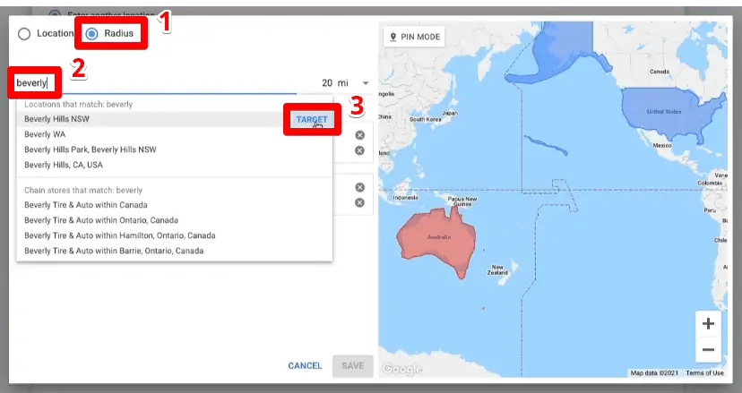 Targeting a location within a certain radius