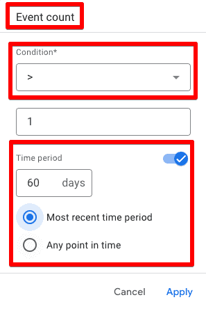 Screenshot of Event count parameter showing the option of choosing a Time period