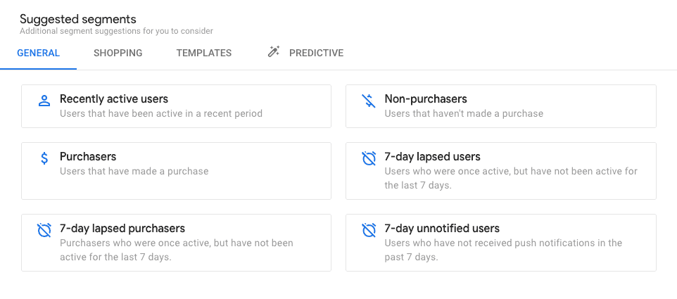 Screenshot of General suggested segments