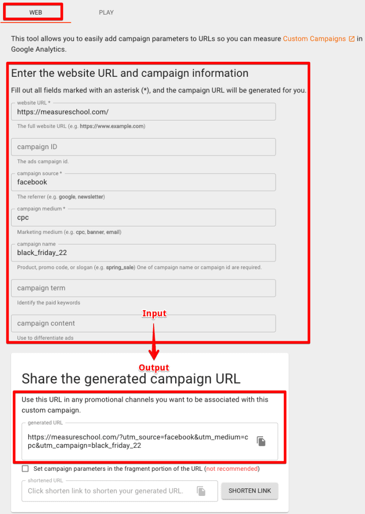 Screenshot of Google’s Campaign URL builder tool to create UTMs