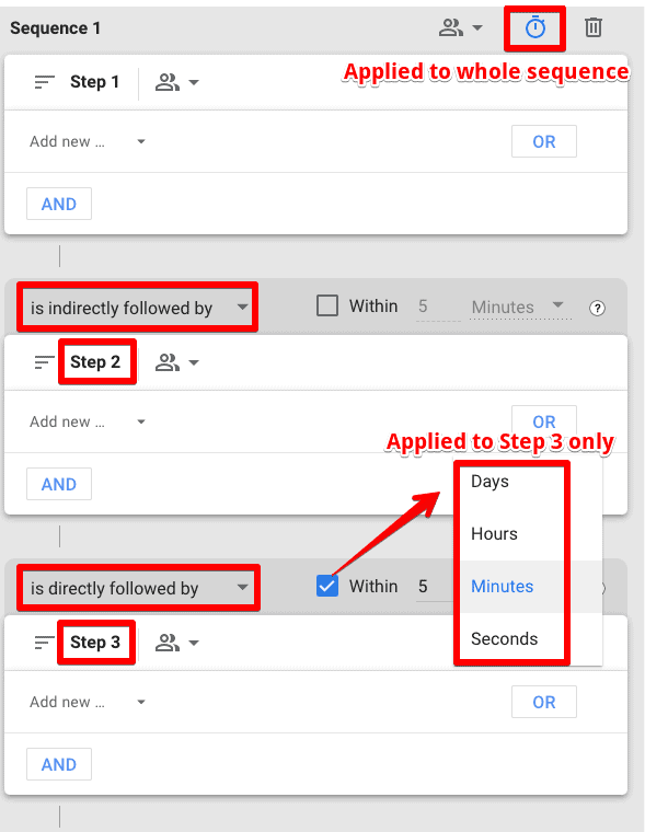 Screenshot of Step 2 indirectly followed and Step 3 directly followed by with time constraint applied at step 3