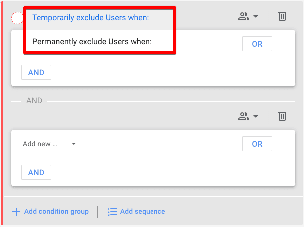 Screenshot of exclude group showing options to temporarily or permanently exclude the users