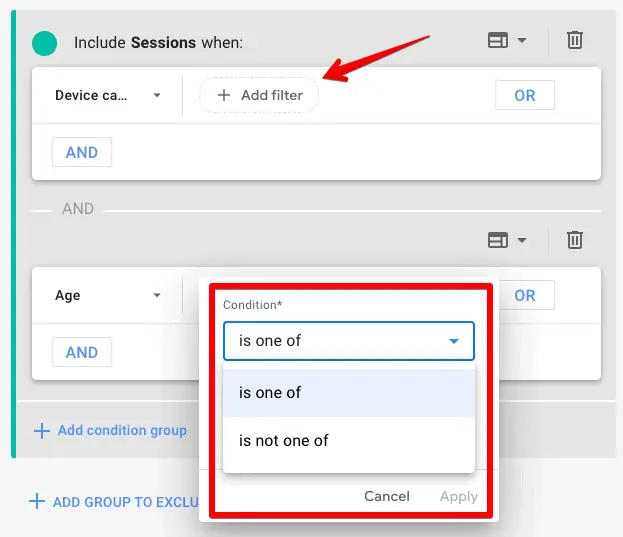 Screenshot of segment builder showing different condition filters for dimensions and metrics