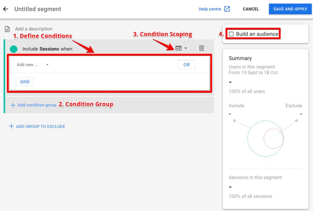 Screenshot of segment builder showing how to add conditions, select scoping, add more condition groups and build an audience