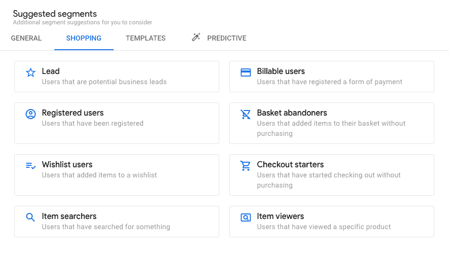 Screenshot of suggested segments for Shopping