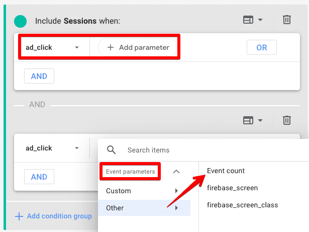 Screenshot showing Event parameter filter for an event condition and choosing Event count