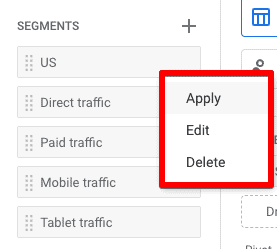 Screenshot showing the option to Apply, Edit or Delete a segment