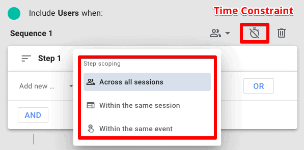 Screenshot showing three Step scoping options along with a time constraint option at the group level