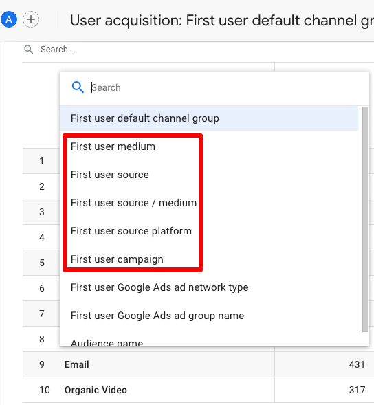 User acquisition - First user default channel grouping to see UTM data