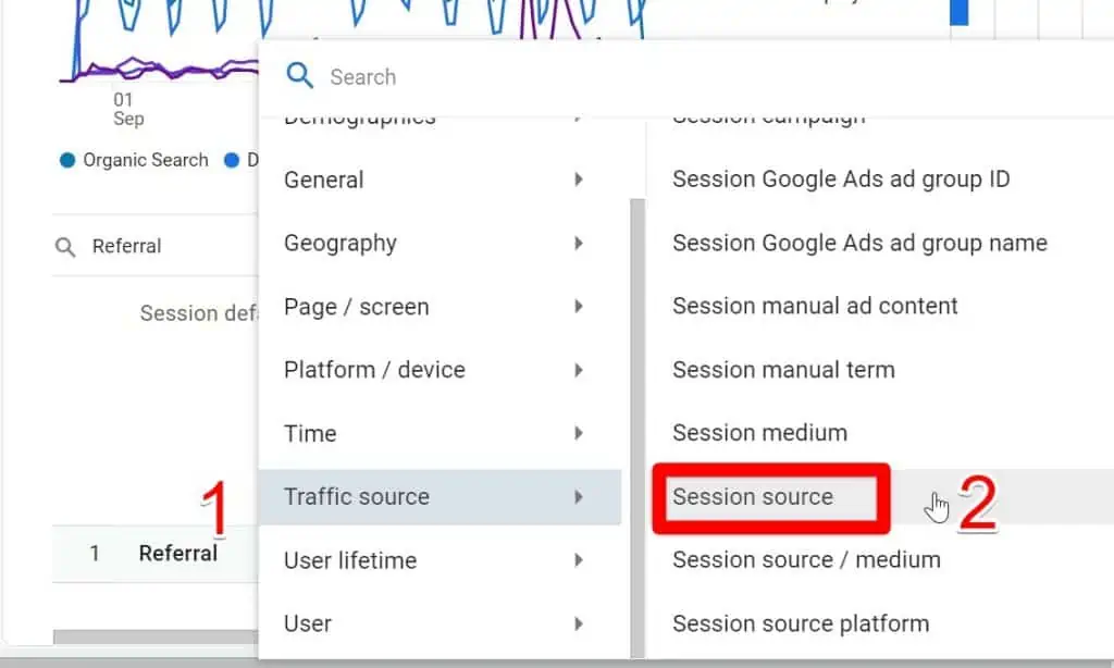 Adding session source as a secondary dimension