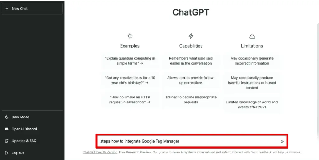 Asking ChatGPT about the steps to integrate GTM into a Shopify store