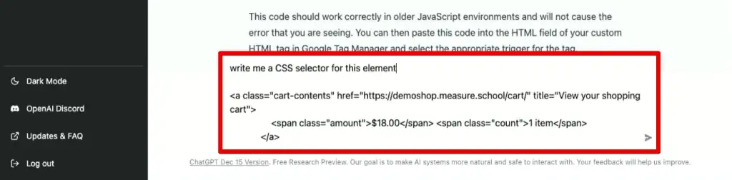 Asking ChatGPT to write a CSS selector for the selected element