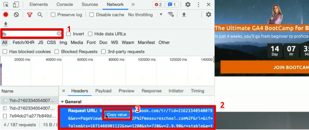 Copying a Facebook tracking request URL