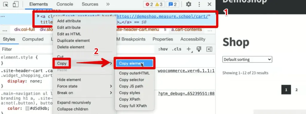 Copying the selected element from the browser’s developer tools