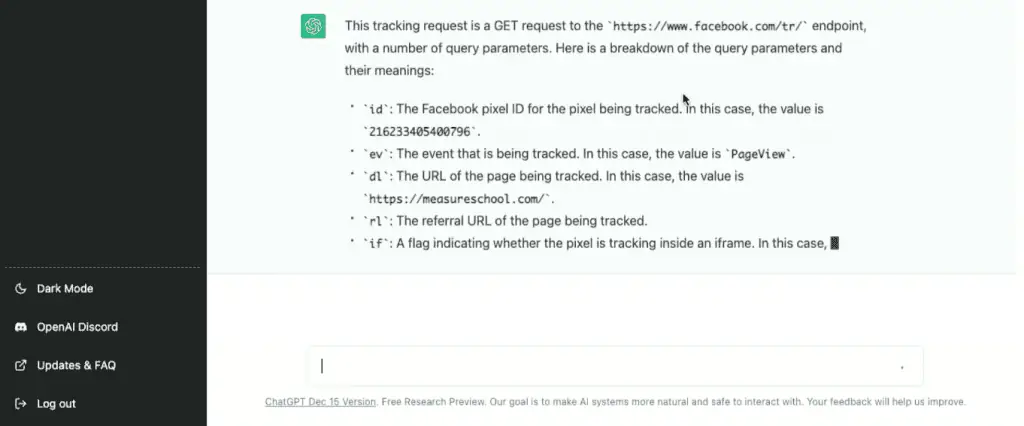 Decoded Facebook tracking request in ChatGPT