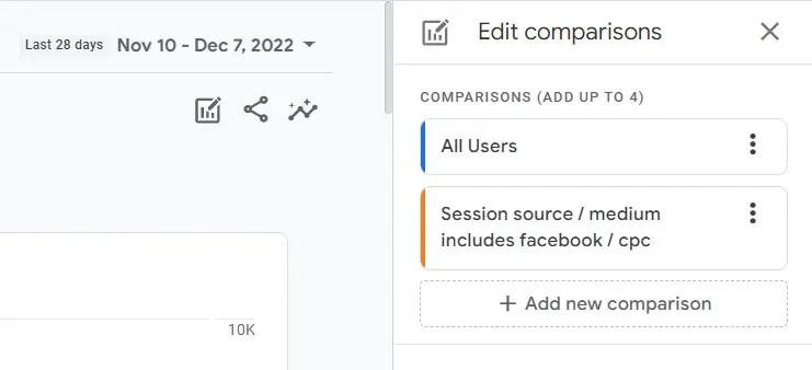 Default and newly added comparisons in GA4