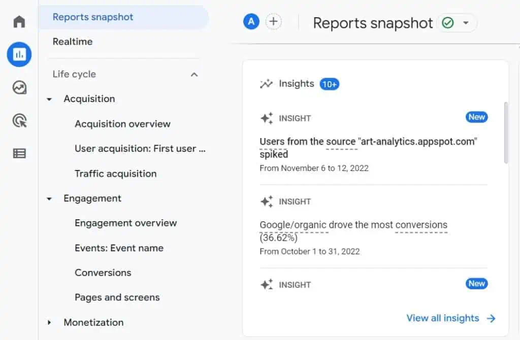 Insights in the reports snapshot