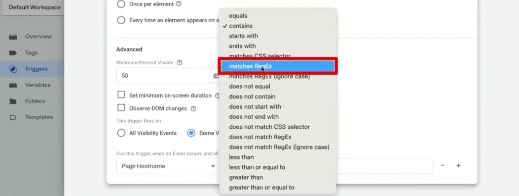 Matches RegEx option in the element visibility trigger