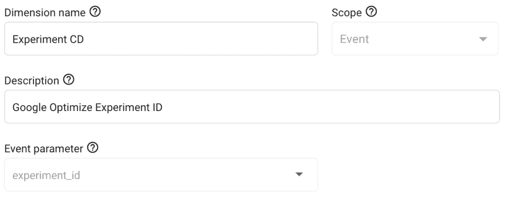 Screenshot of adding event-scoped experiment_id custom dimension in GA4