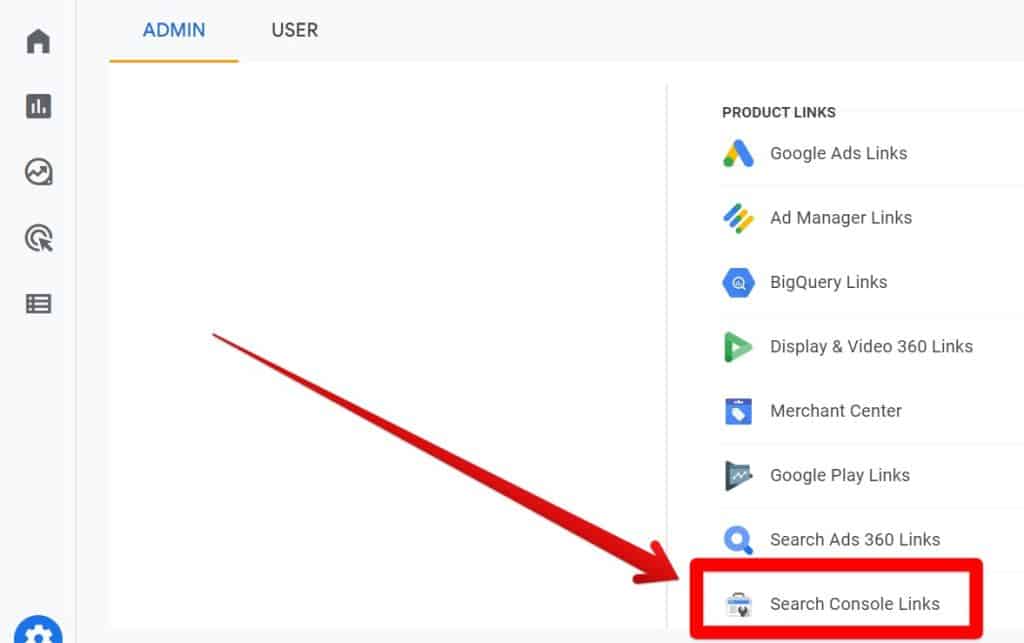 Selecting Google search console in products links