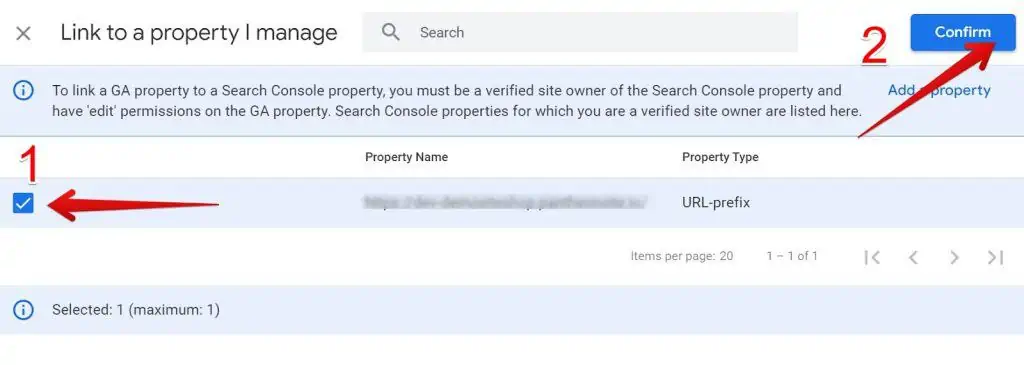 Selecting a search console property