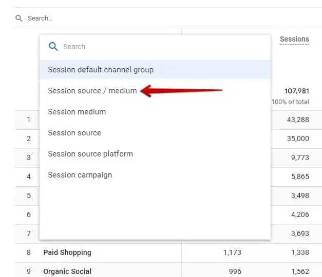 Selecting the session source medium dimension