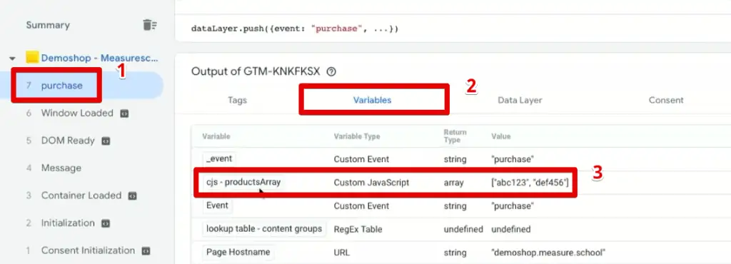 The custom JavaScript variable pulling data from the data layer