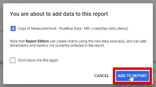 Confirming adding the data to the report