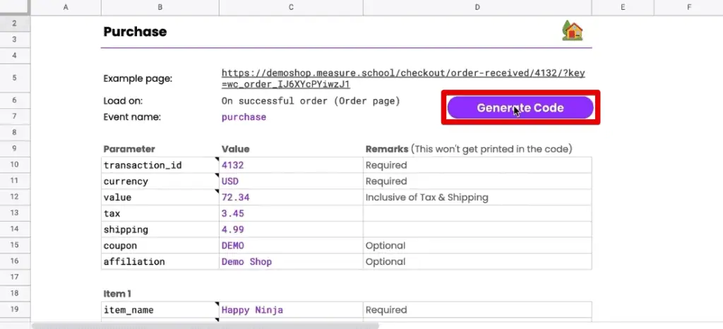 Generating the code for a purchase event