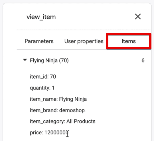 Listed items under the view_item event