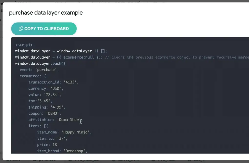 Purchase data layer code example