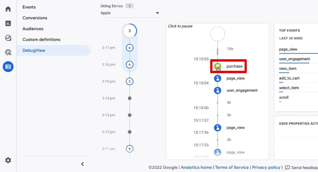 Purchase event marked as a conversion in the DebugView