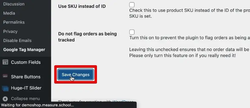 Saving changes to the GTM4WP plugin settings