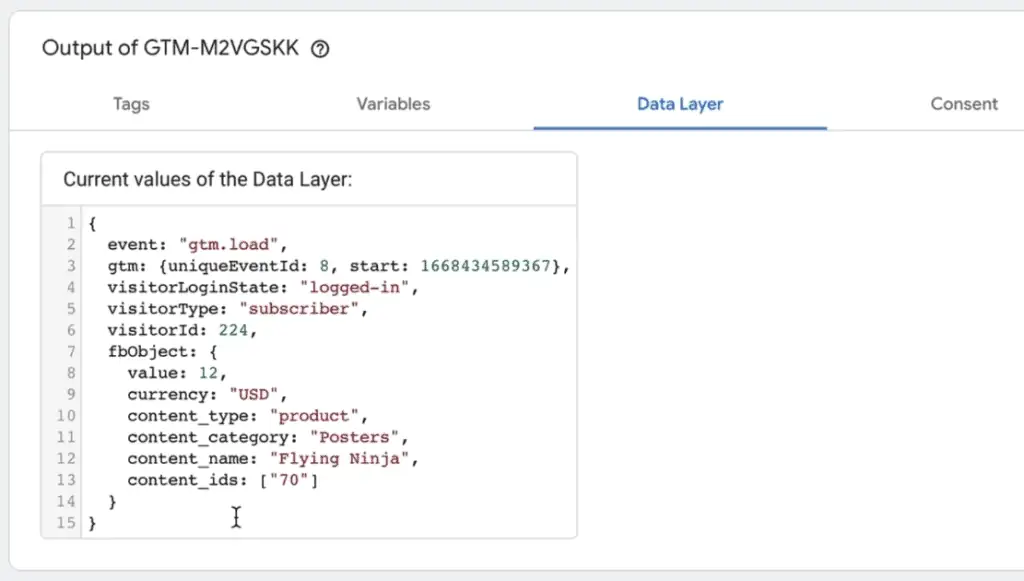 The data layer in the Tag Assistant