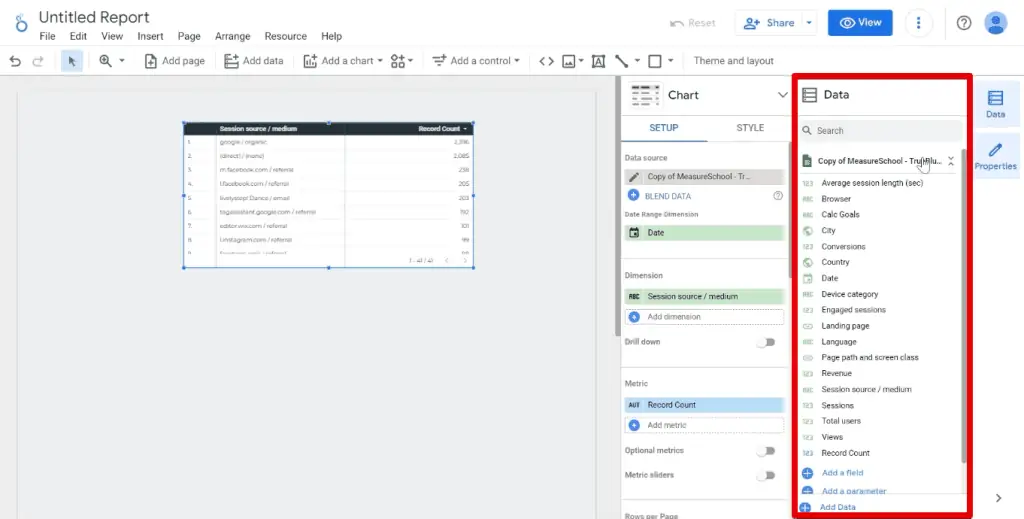 The data panel in Google Looker Studio