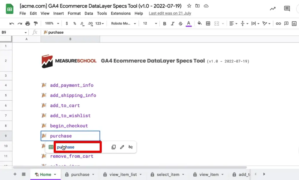 Using the GA4 eCommerce data layer specs tool for a purchase event