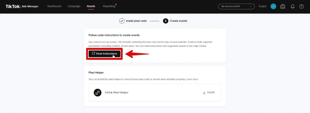 Viewing code instructions for creating events