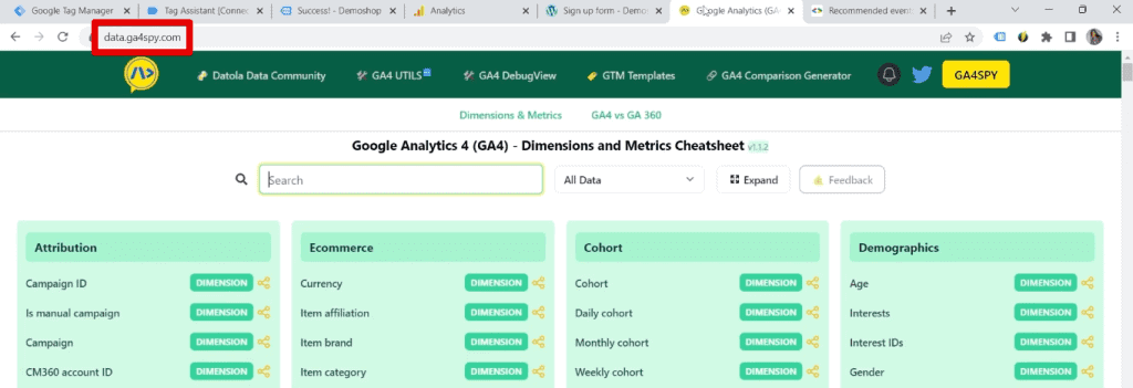 Accessing the dimensions and metrics cheatsheet