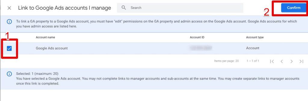 Choosing and confirming a Google Ads account